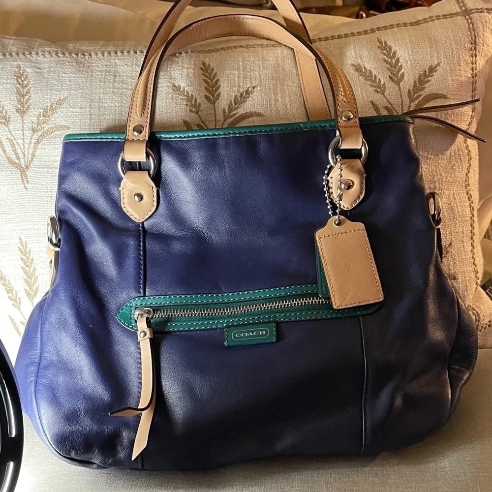 Coach Daisy Spectator Navy Green and Beige Leather Shoulder Bag by Coach F1340